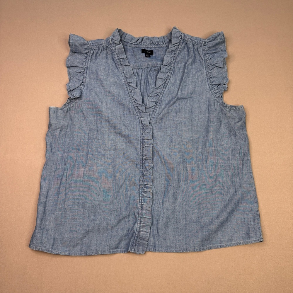 J.Crew Womens XL Blue Chambray Ruffle V-Neck Sleeveless Blouse Top